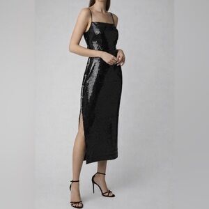 MARKARIAN Sequin Black Fully Beaded Rhinestone Silk Bow Midi Dress 4 Black